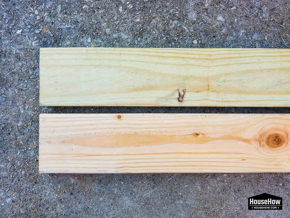 Pressure treated lumber is easy to recognize. It is much heavier and has a greenish tint compared to normal wood © HouseHow.com